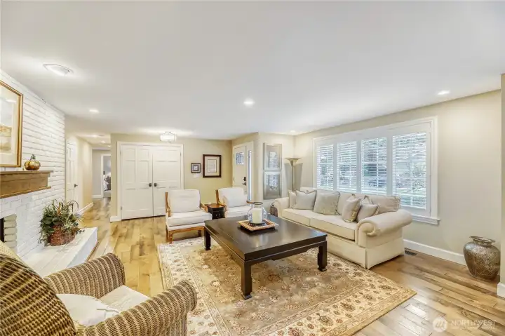 All doors and trim were replaced during remodel.  Living room view from dining room.