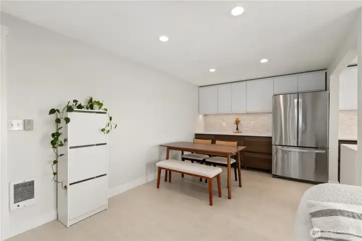 Kitchen with Eating Area.Cork plank flooring.