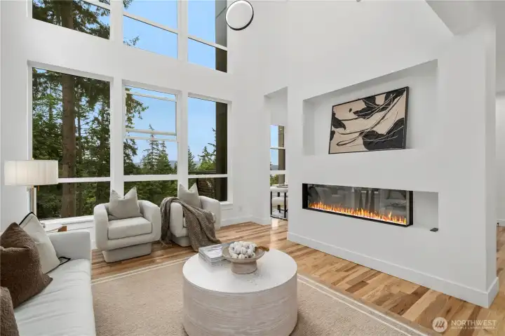 he sleek linear fireplace creates a sophisticated focal point