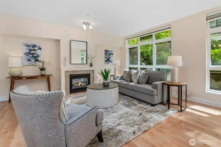 Recessed walls on either side of the gas fireplace (gas included in HOAs) for displaying prized art, or build in bookshelves. Recessed walls on either side of the gas fireplace (gas included in HOAs) for displaying prized art, or build in bookshelves.