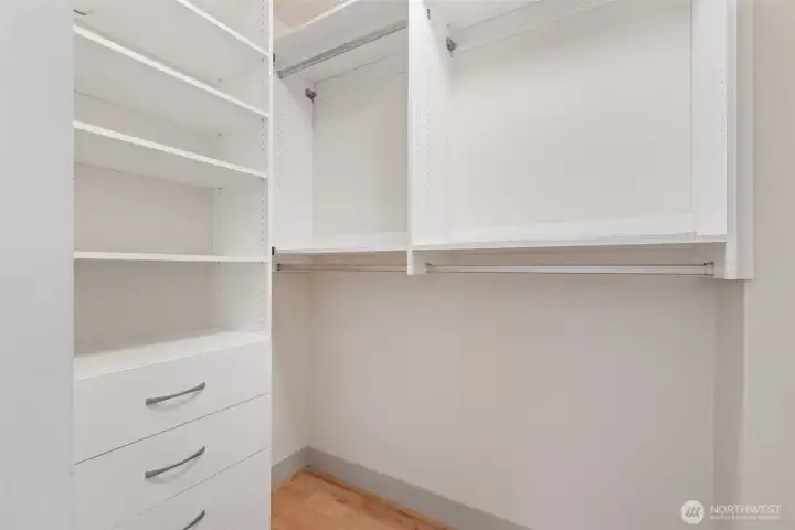 This is about half of the Walk-In-Closet, fully outfitted with quality professional organizers. This is about half of the Walk-In-Closet, fully outfitted with quality professional organizers.