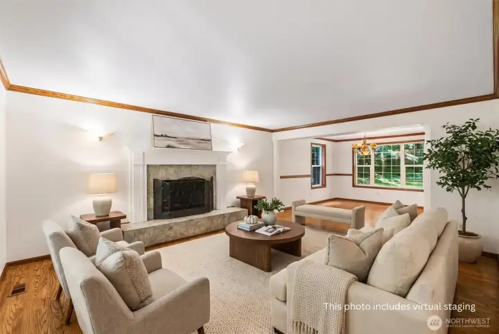 Virtually Stages family room w/ dining room area just behind Virtually Stages family room w/ dining room area just behind