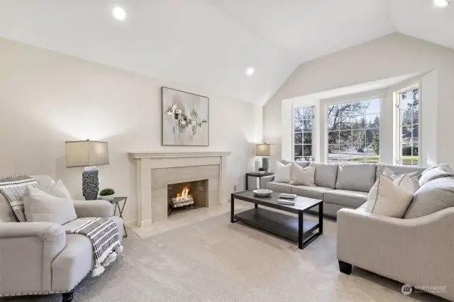 Elegant living room with gas start fireplace.