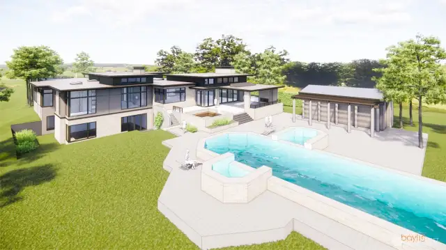 Single story backyard with pool and cabana