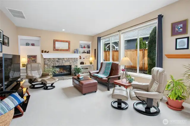 The family room features a second fireplace.