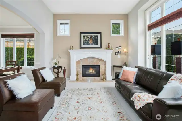 Main level living room features one of two fireplaces.