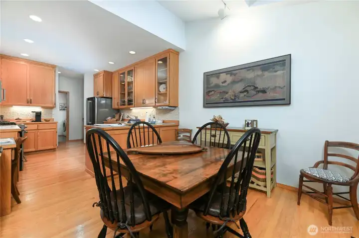 Kitchen has dining room off the kitchen.