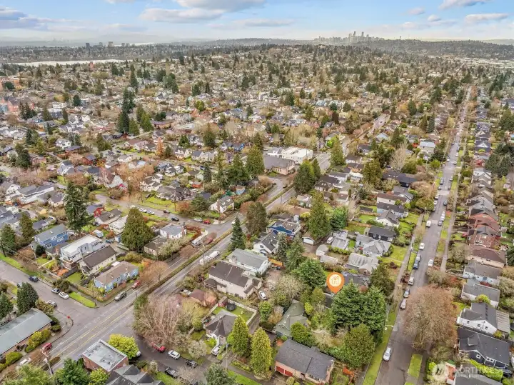 Aerial photo looking south and east. You can see downtown Seattle and Green Lake from this photo. Sought after Whittier Heights location!