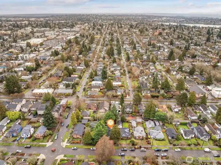 Aerial photo looking east. You can see Green Lake from this photo. Sought after Whittier Heights location!