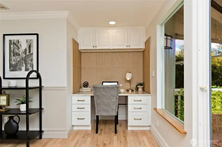 A built-in desk keeps daily life organized.