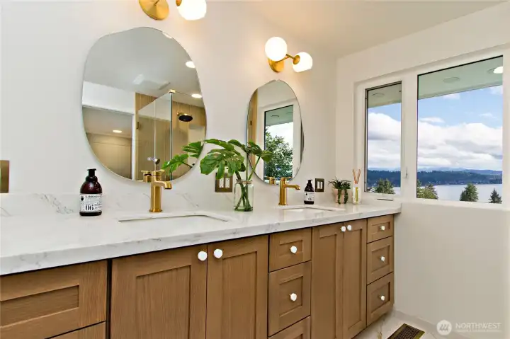 Dual vanities with high-end finishes.