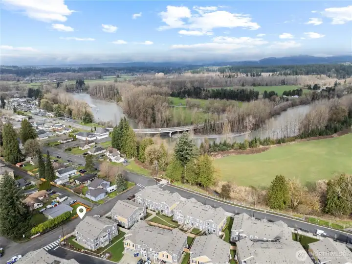 Aerial view highlighting the nearby nature preserve and Stillaguamish River