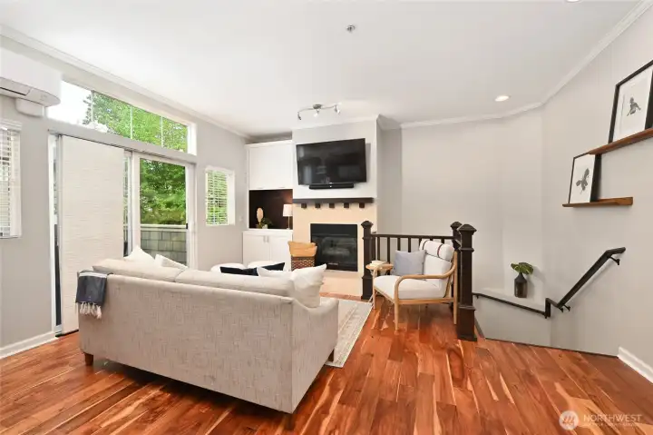 Another view of the living room. The Sliding door to the left accesses the deck. Updated with air conditioning.