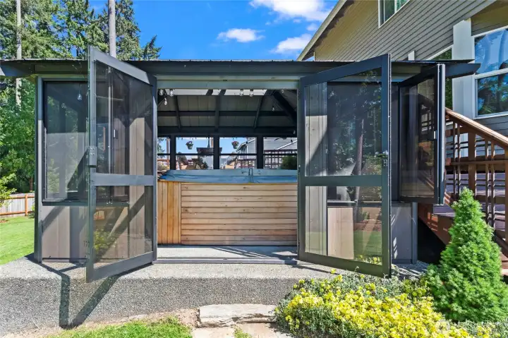 Fully Enclosed Gazebo with Hot Tub and custom lighting