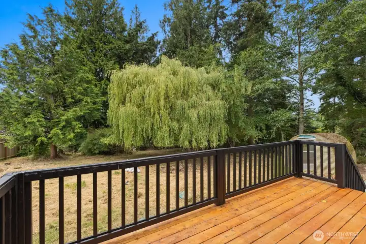 The expansive wood deck with sleek black railing overlooks the private, tree-lined backyard — perfect for weekend entertaining. The expansive wood deck with sleek black railing overlooks the private, tree-lined backyard — perfect for weekend entertaining.
