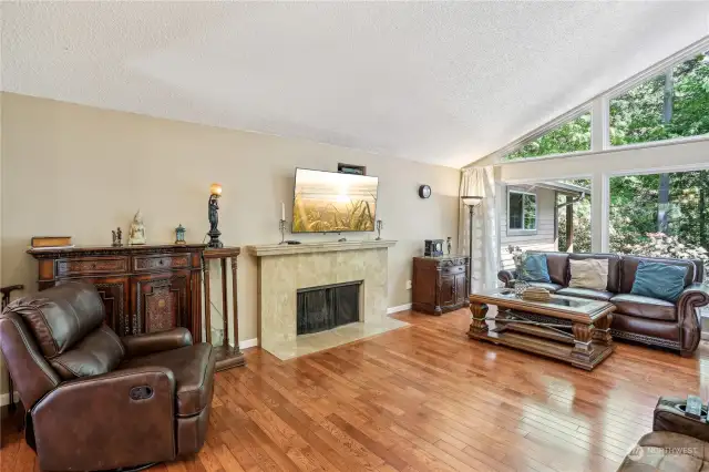 Gorgeous vaulted ceilings overlook the private back yard and park.