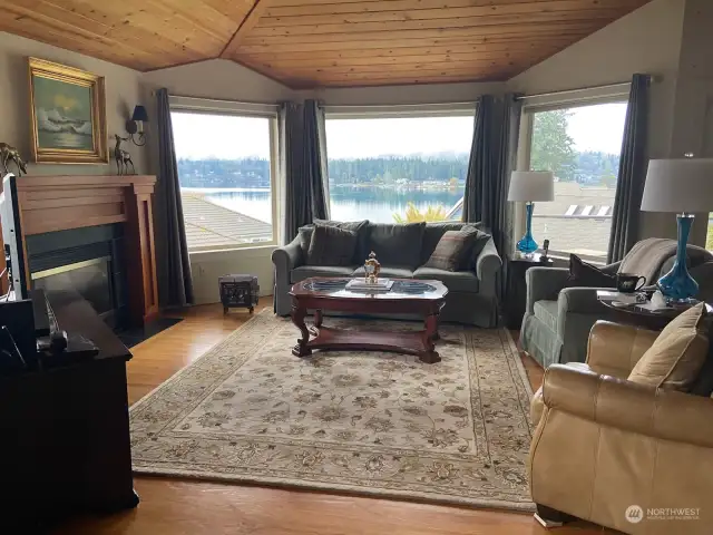 Living room with gas fireplace and great views