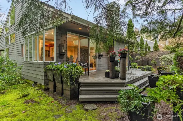 Step down from deck to explore greenbelt bordering the home