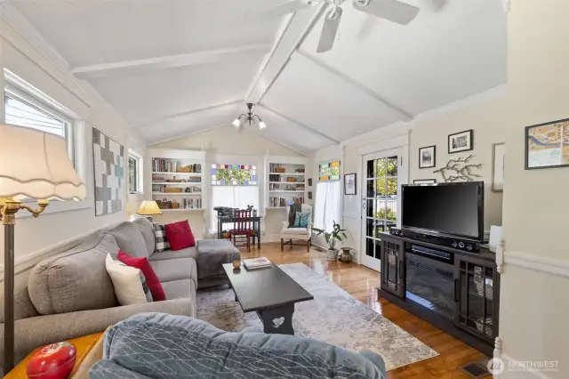 The family room was built in the 1950's as a bedroom. The door on the right leads out to the north gardens.