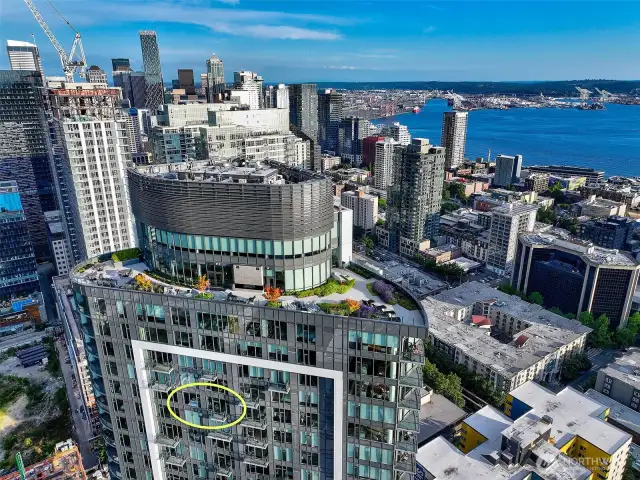home is on 35th floor with NW views from balcony and lake union views from living room and bedroom