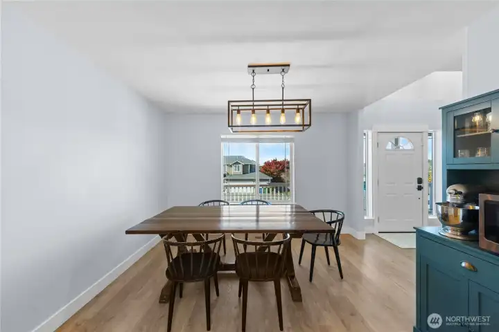 Dining room has updated light fixture, incredible natural light, and is open to the kitchen.