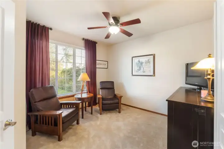 The front bedroom (closet is to the left) or den with double door entry offers a partial mountain view and decorative ceiling fan light