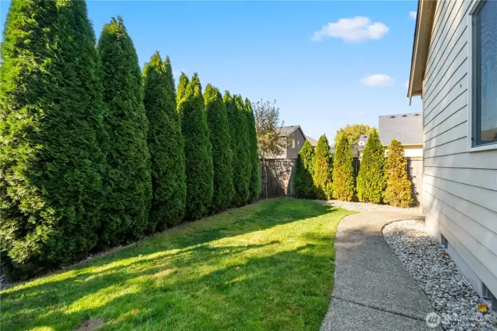 The grassy area off the patio is perfect for pets or play and the sidewalk loops around to the side gate