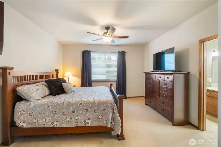 The spacious primary bedroom is a true retreat and offers a decorative ceiling fan light