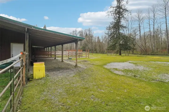 Covered run and paddock with automatic heated waterer for convenient daily care