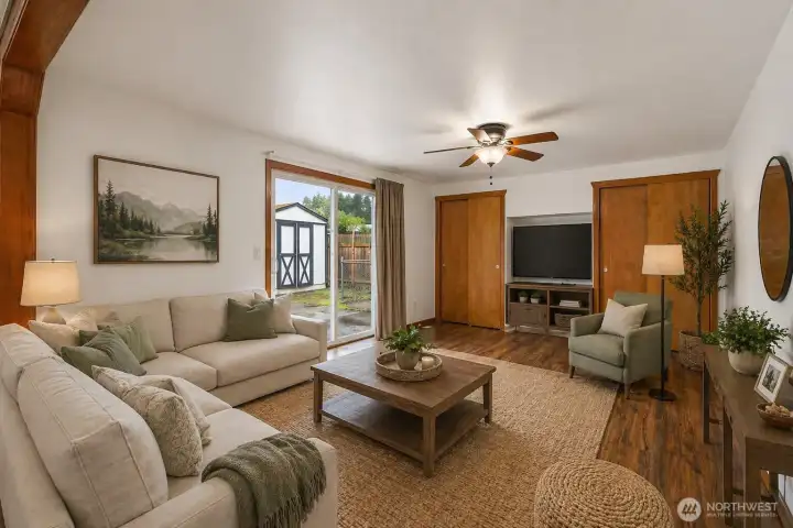 virtual stage living room adjacent to kitchen