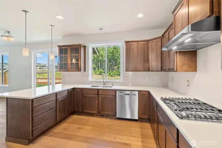Stainless steel appliances include microwave/oven combo, gas cooktop with vent hood, and dishwasher.