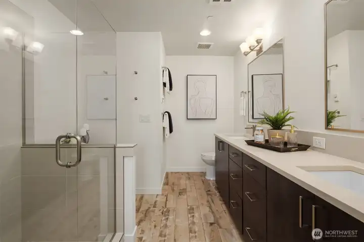 Ensuite bathroom with double vanity.