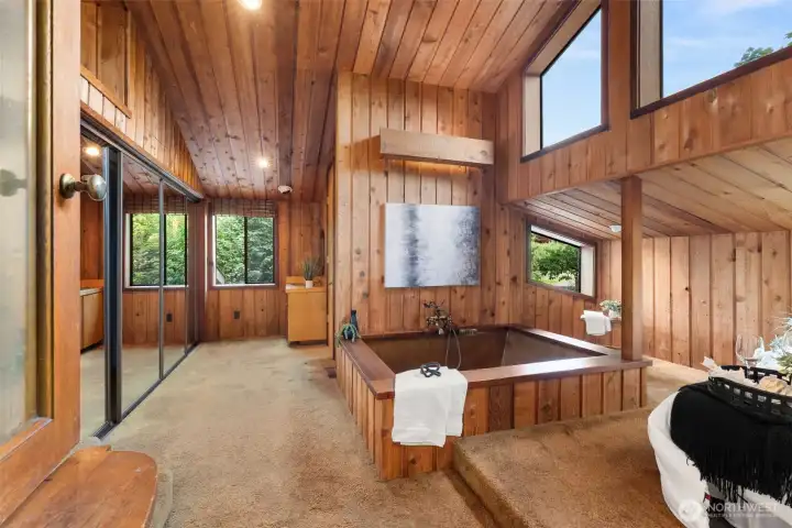 Views of the primary closets, tub, double sinks and this door!