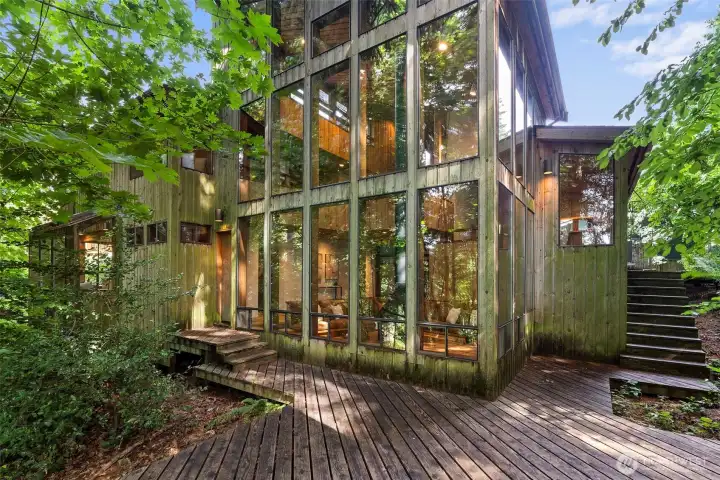Exterior views of the windows, decks, beautiful cedar