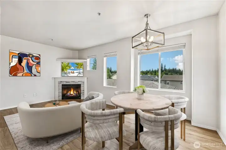 Great room with electric fireplace - virtually staged