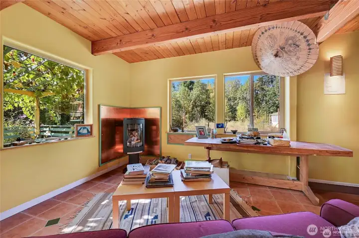 Modern European style fireplace with copper surround in living room