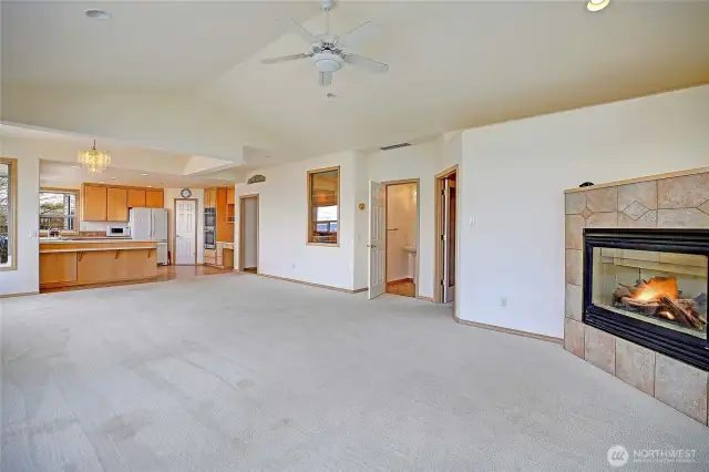 Propane fireplace in corner of main living area