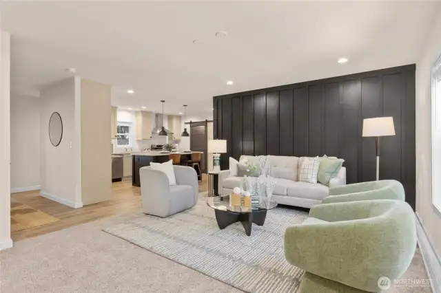 Open floor plan with lovely accent wall