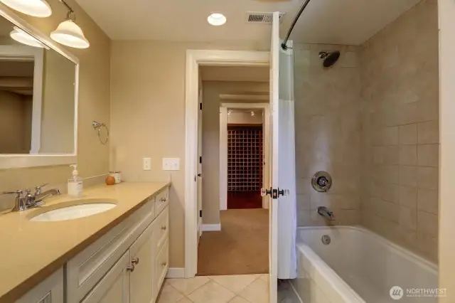 Lower level bath with the wine cellar beyond.