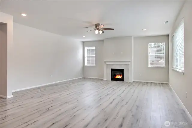 Large great room with gas fireplace.