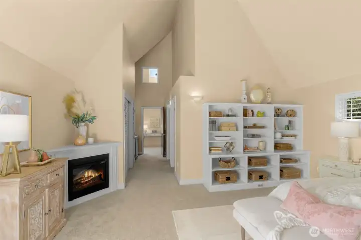 Custom built in shelving in primary suite