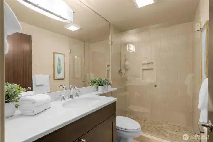 Remodeled bathroom on lower level with heated floors