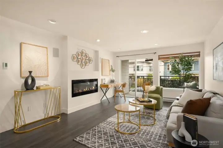 Built-in speakers above fireplace, seamlessly integrated for clean design and elevated sound.