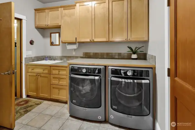 Spacious laundry room with extra storage, sink and access to the garage. Washer and Dryer are included.