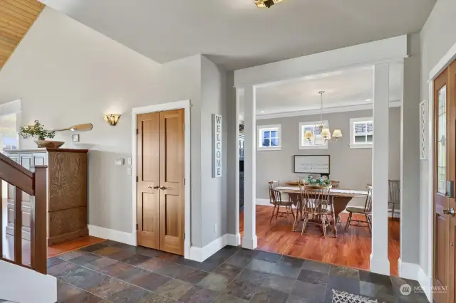 The dining room features crown molding and nice wide trim.