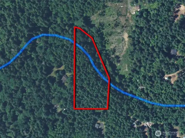 Overhead view with approximate boundaries in red. The blue line is the approximation of a type F stream.