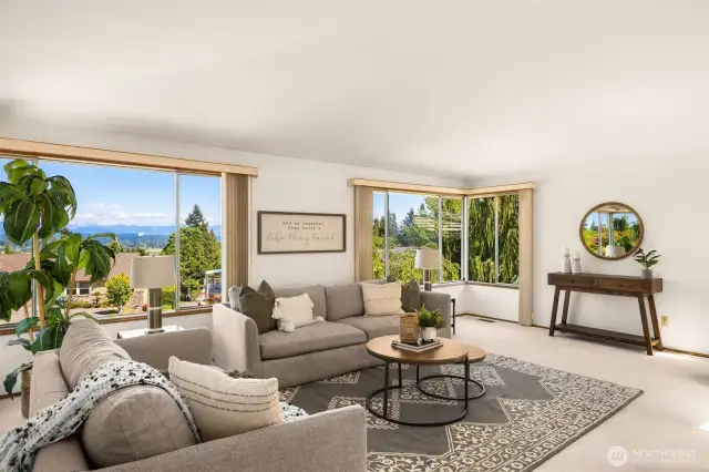 Cascade Mountain and valley views from the impressive living room!views