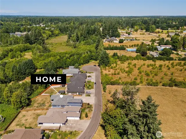 Aerial view of the peaceful cul-de-sac setting surrounded by lush greenery and open fields for added privacy and a scenic backdrop.