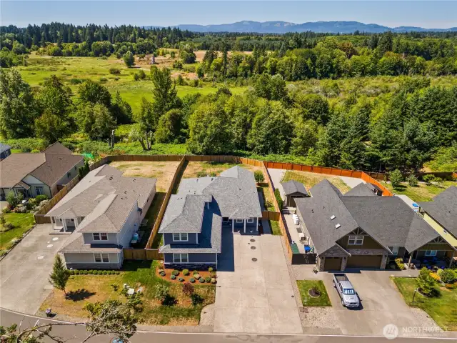 Aerial view showcasing the home’s peaceful setting, backing to a lush wetland preserve with expansive natural vistas, offering both privacy and a beautiful backdrop year-round.