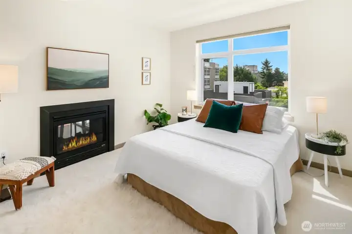 A unique double sided gas fireplace shared between the living room and bedroom. Gas is included in the HOA dues.